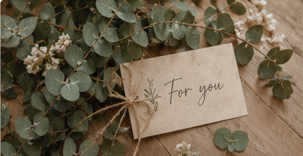 Eucalyptus and a handwritten gift note on rustic paper