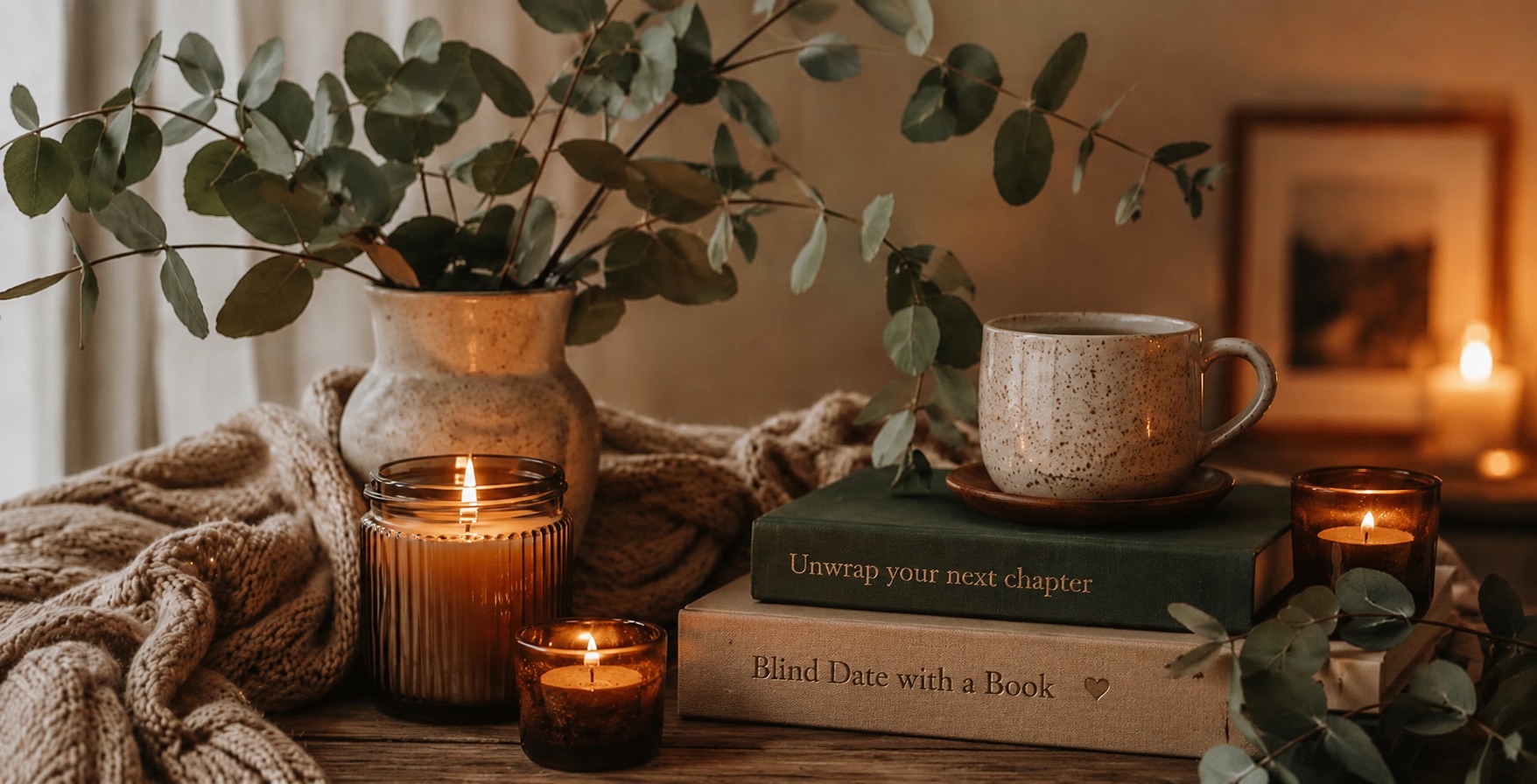 A cosy reading nook with eucalyptus, candles, a ceramic mug, and stacked books